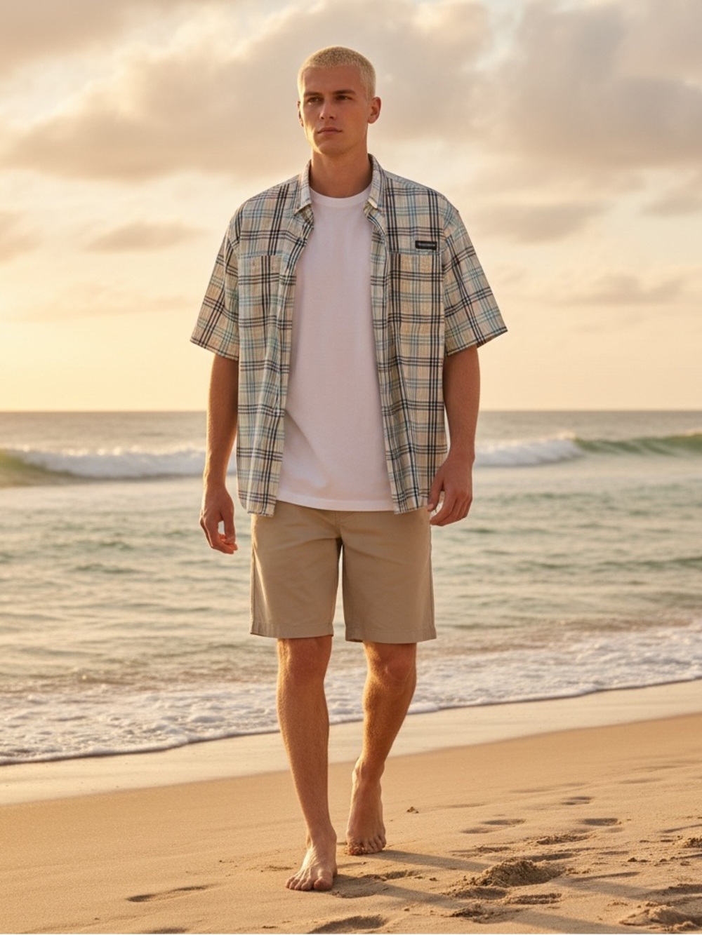 Columbia Short Sleeve Plaid Button-Down Shirt in Light Blue, Gray & White